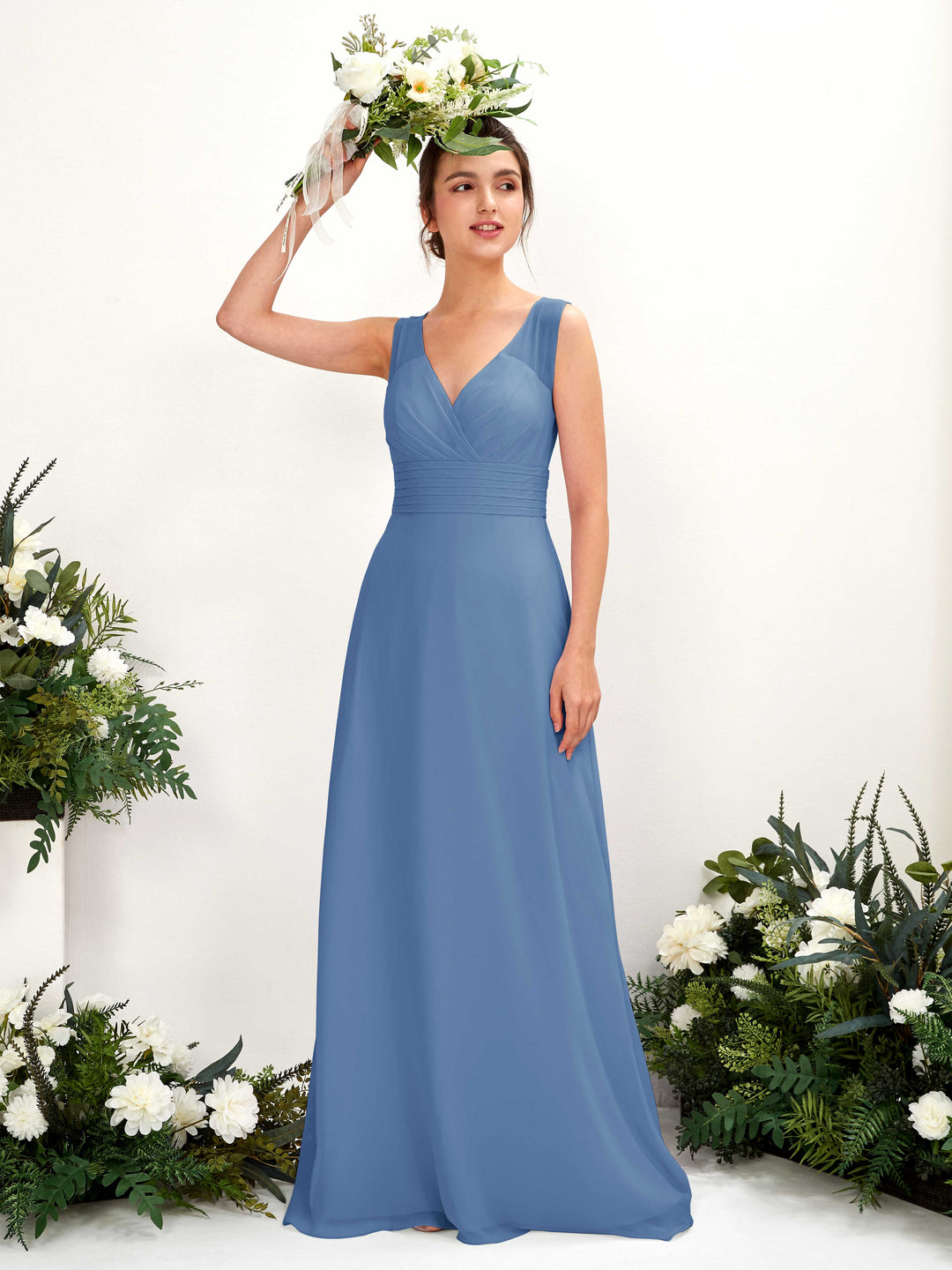 Carlyna A-Linien-Kleid mit V-Ausschnitt bodenlanges Brautjungfernkleid Staubiges Blau 