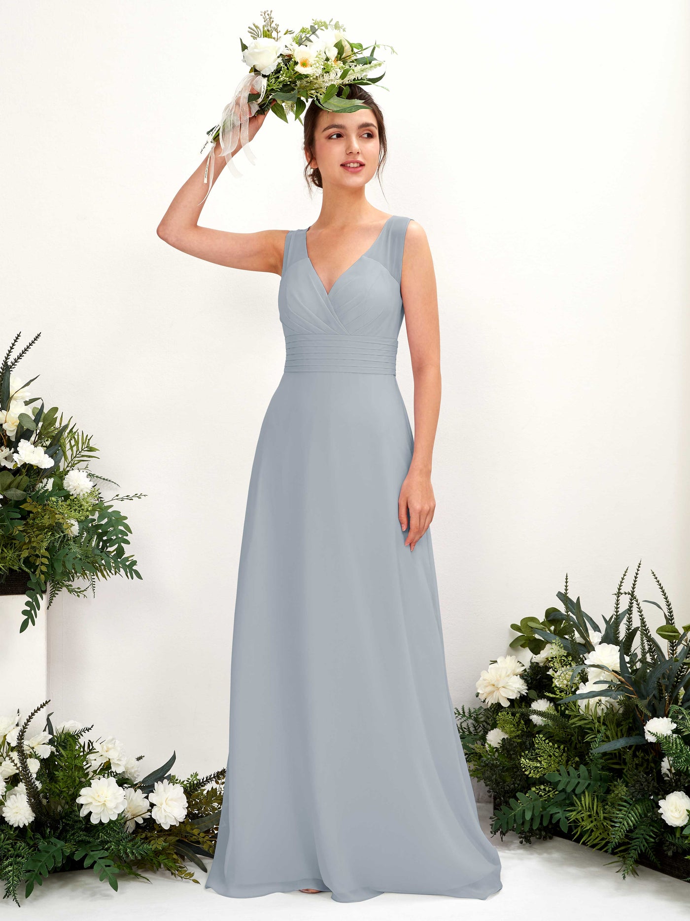 Carlyna A-Linien-Kleid mit V-Ausschnitt bodenlanges Brautjungfernkleid Staubiges Blau-Upgrade #farbe_staubiges-blau-upgrade