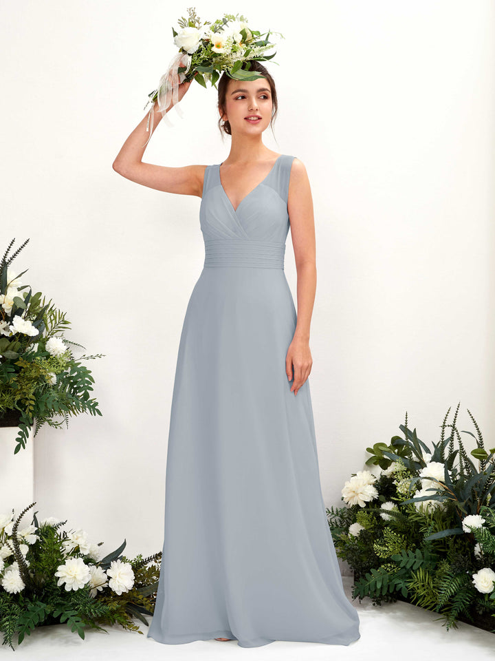 Carlyna A-Linien-Kleid mit V-Ausschnitt bodenlanges Brautjungfernkleid Staubiges Blau-Upgrade 