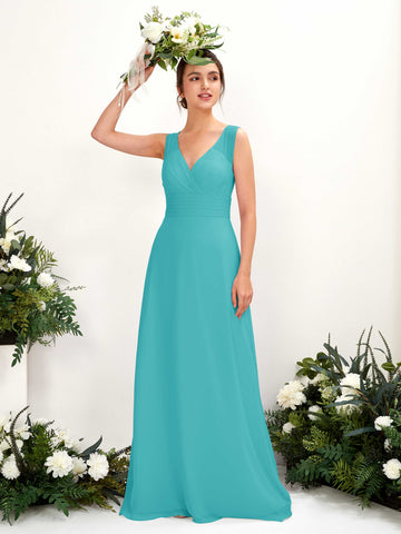 Carlyna A-Linien-Kleid mit V-Ausschnitt bodenlanges Brautjungfernkleid Türkis #farbe_t-rkis