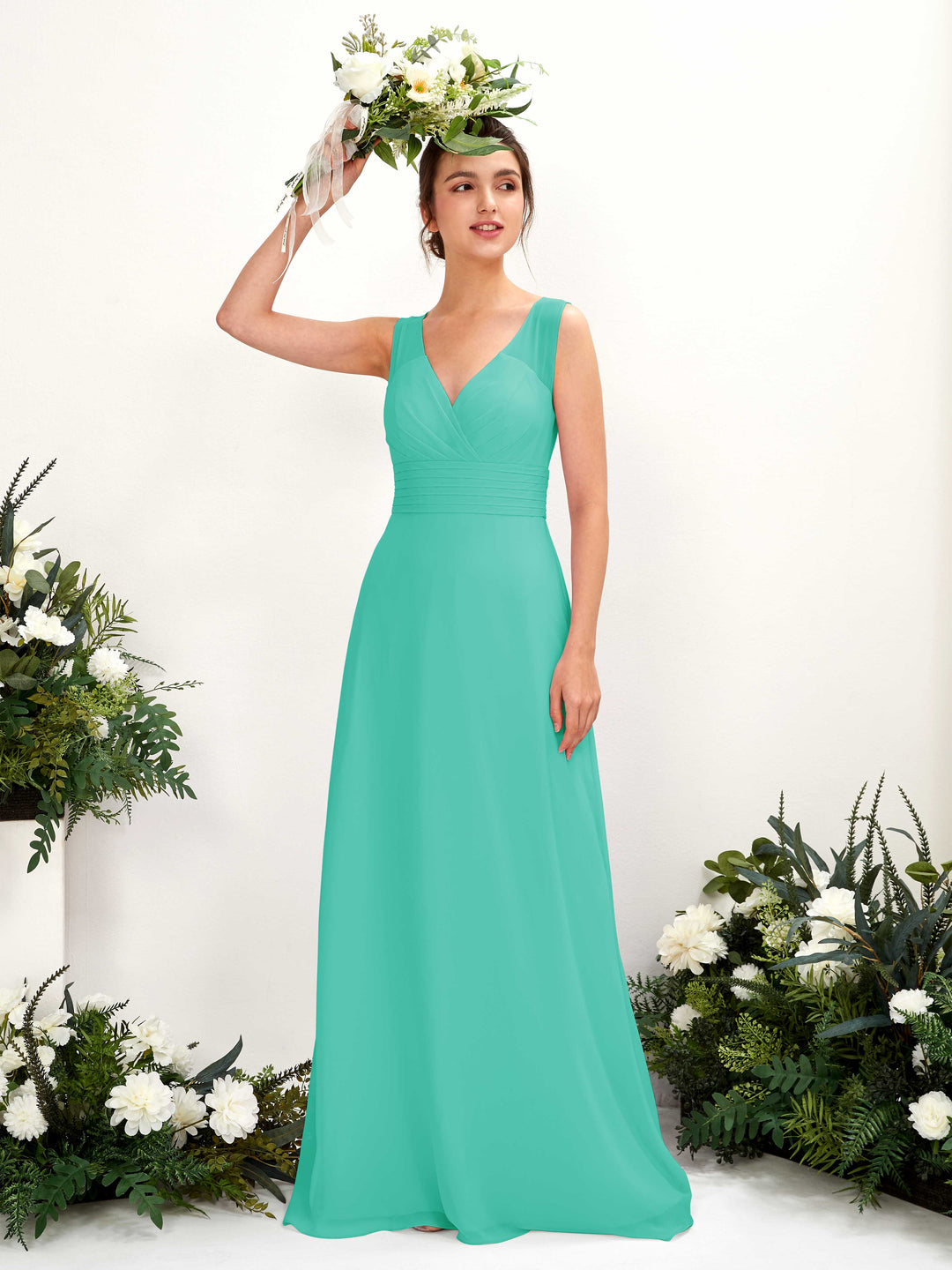 Carlyna A-Linien-Kleid mit V-Ausschnitt bodenlanges Brautjungfernkleid Tiffany-Blau 