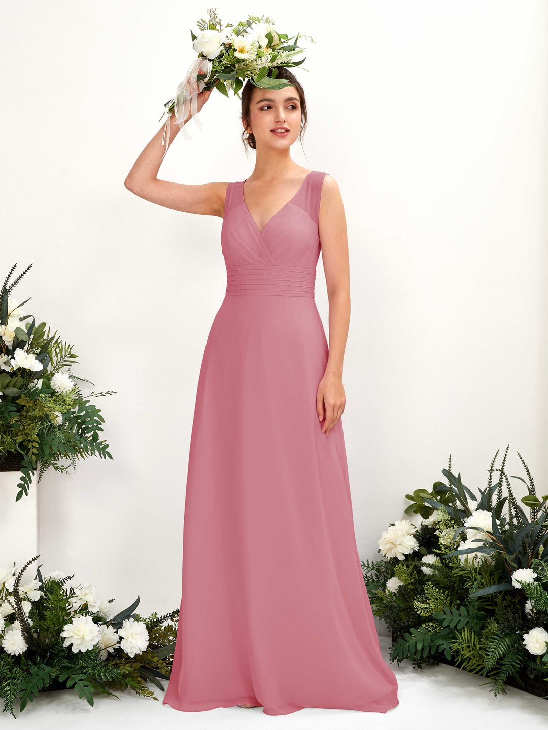 Carlyna A-Linien-Kleid mit V-Ausschnitt bodenlanges Brautjungfernkleid Wüstenrose 