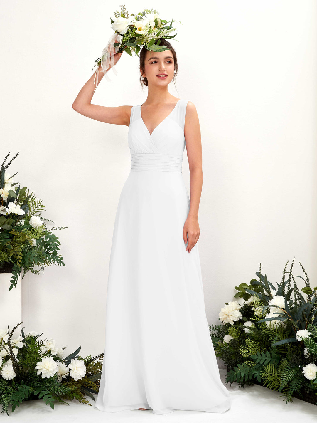 Carlyna A-Linien-Kleid mit V-Ausschnitt bodenlanges Brautjungfernkleid Weiß 
