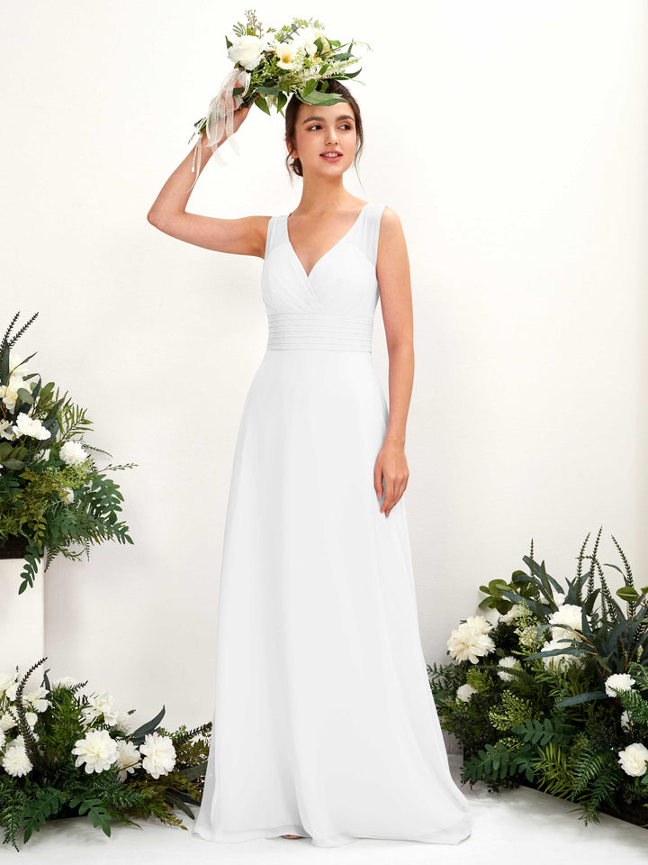 Carlyna A-Linien-Kleid mit V-Ausschnitt bodenlanges Brautjungfernkleid Weiß 