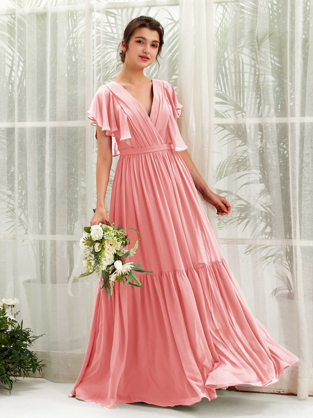 Carlyna A-Linien-Kleid mit V-Ausschnitt Flatterärmel Bodenlang Brautjungfernkleider Ballettrosa 