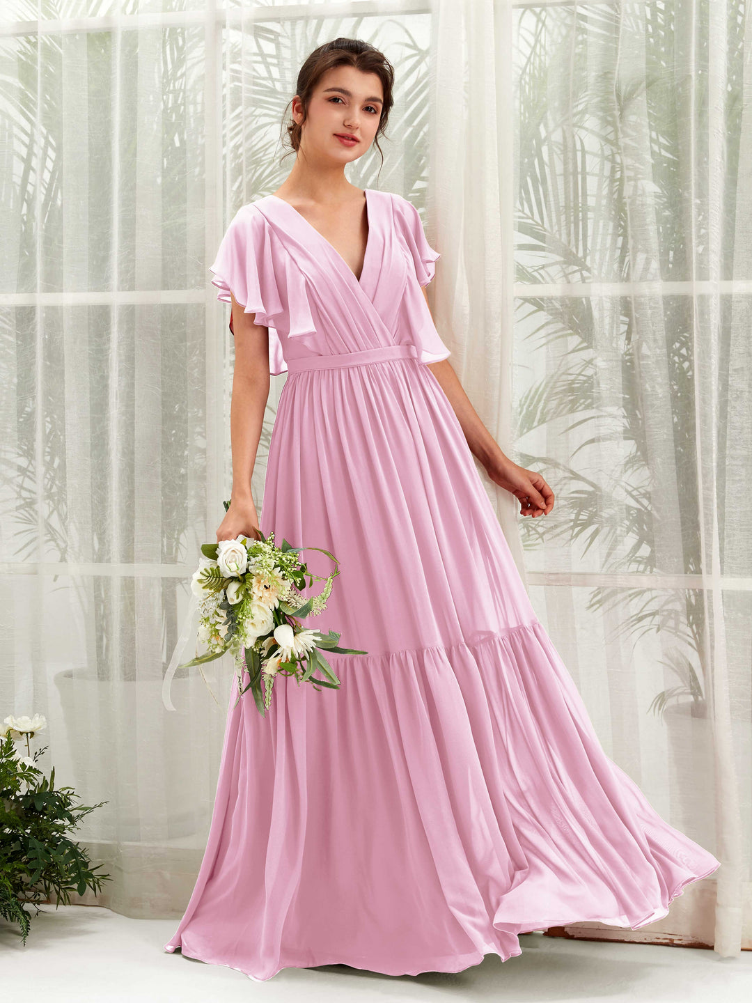 Carlyna A-Linien-Kleid mit V-Ausschnitt Flatterärmel Bodenlang Brautjungfernkleider Bonbonrosa 