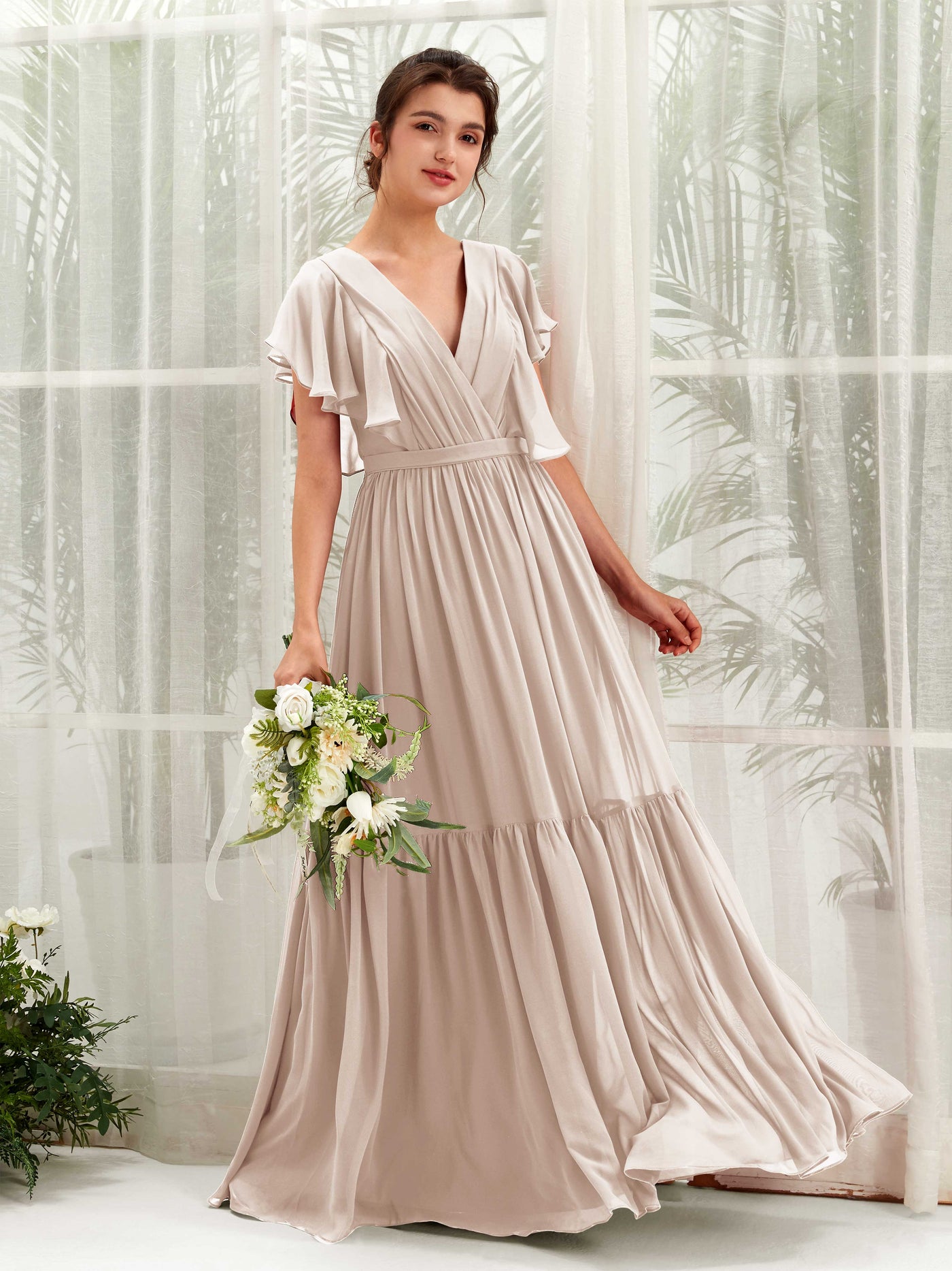 Carlyna A-Linien-Kleid mit V-Ausschnitt Flatterärmel Bodenlang Brautjungfernkleider Champagner #farbe_champagner