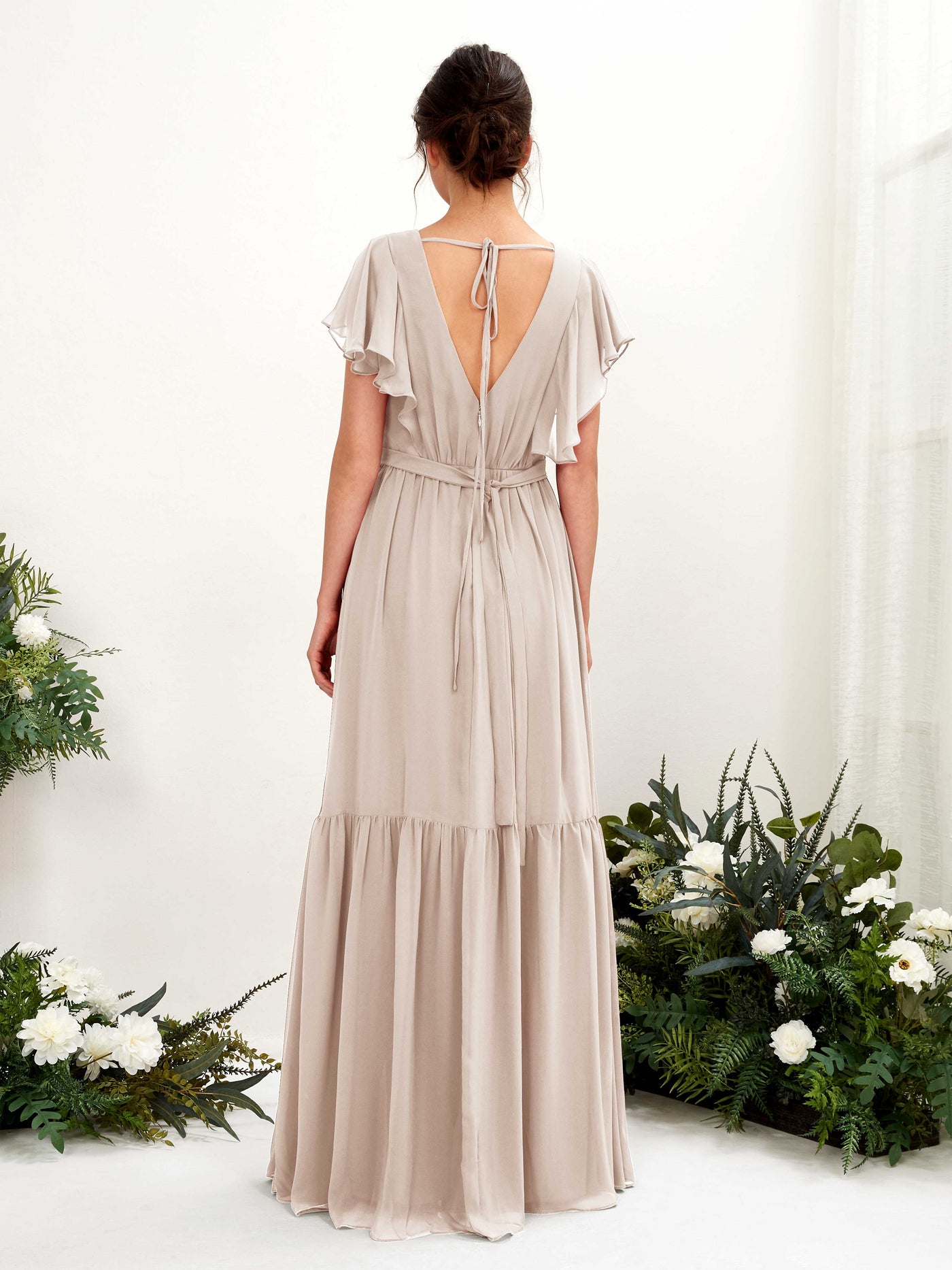 Carlyna A-Linien-Kleid mit V-Ausschnitt Flatterärmel Bodenlang Brautjungfernkleider Champagner #farbe_champagner