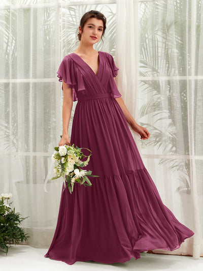 Carlyna A-Linien-Kleid mit V-Ausschnitt Flatterärmel Bodenlang Brautjungfernkleider Chianti #farbe_chianti