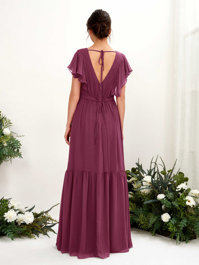 Carlyna A-Linien-Kleid mit V-Ausschnitt Flatterärmel Bodenlang Brautjungfernkleider Chianti #farbe_chianti