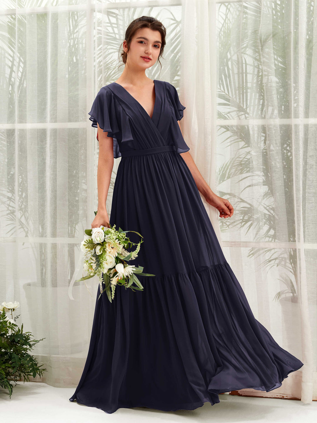 Carlyna A-Linien-Kleid mit V-Ausschnitt Flatterärmel Bodenlang Brautjungfernkleider Dunkel Marineblau 
