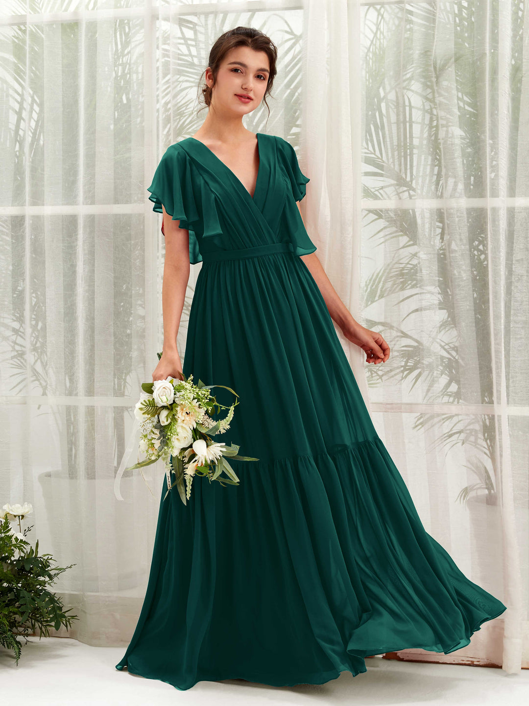 Carlyna A-Linien-Kleid mit V-Ausschnitt Flatterärmel Bodenlang Brautjungfernkleider Dunkelsmaragd 