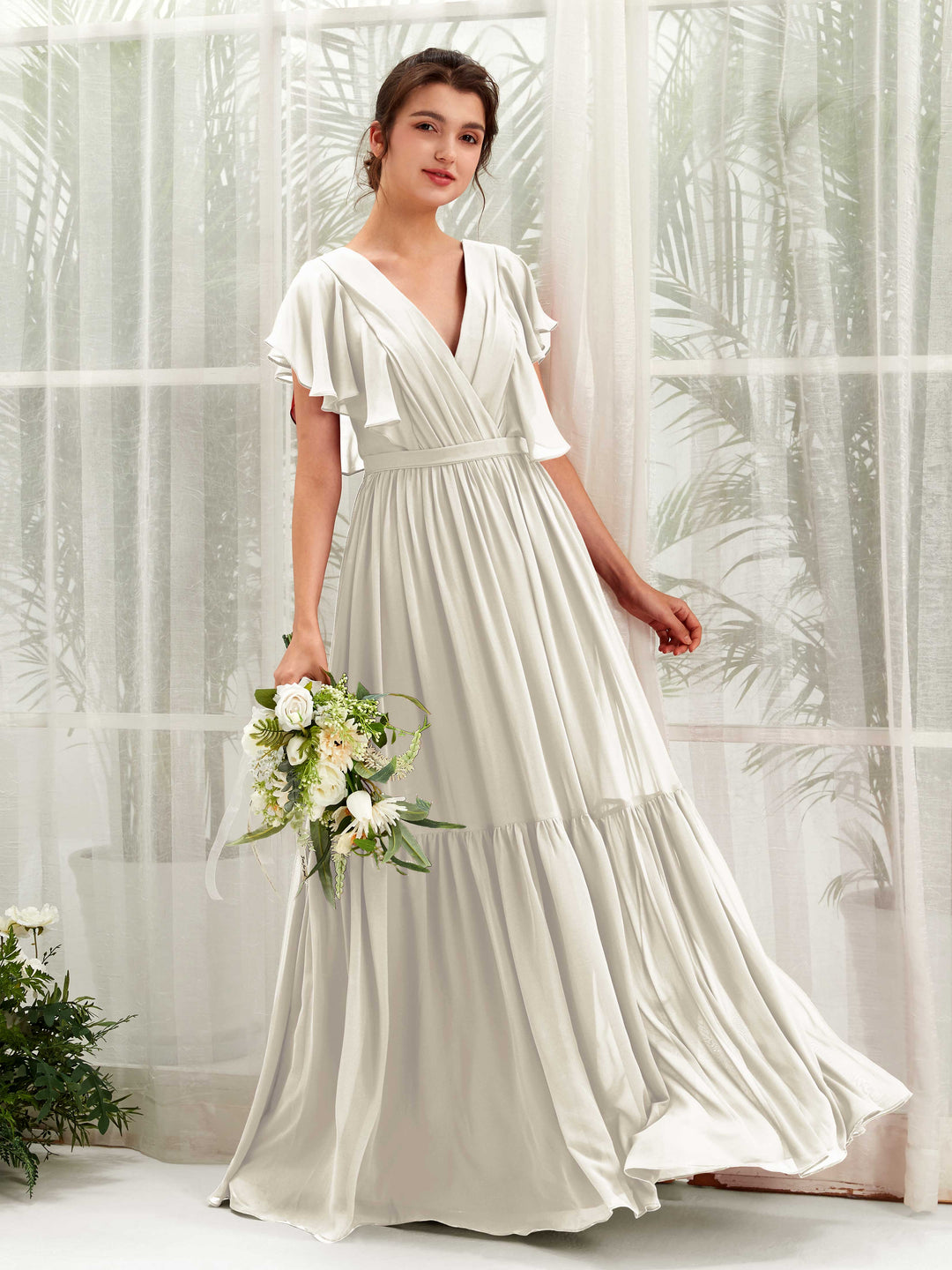 Carlyna A-Linien-Kleid mit V-Ausschnitt Flatterärmel Bodenlang Brautjungfernkleider Elfenbein 