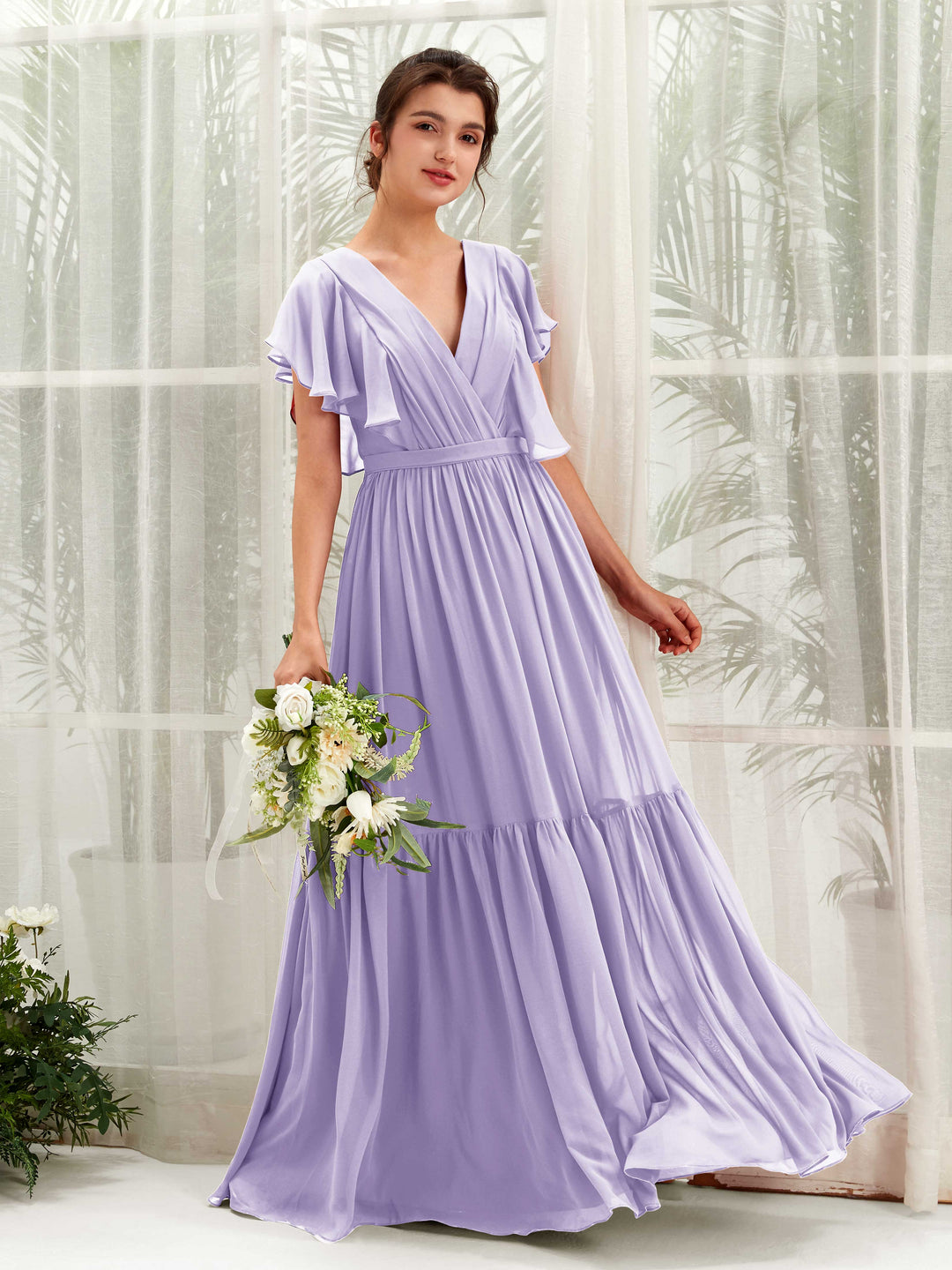 Carlyna A-Linien-Kleid mit V-Ausschnitt Flatterärmel Bodenlang Brautjungfernkleider Flieder 