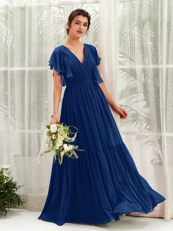 Carlyna A-Linien-Kleid mit V-Ausschnitt Flatterärmel Bodenlang Brautjungfernkleider Königsblau 