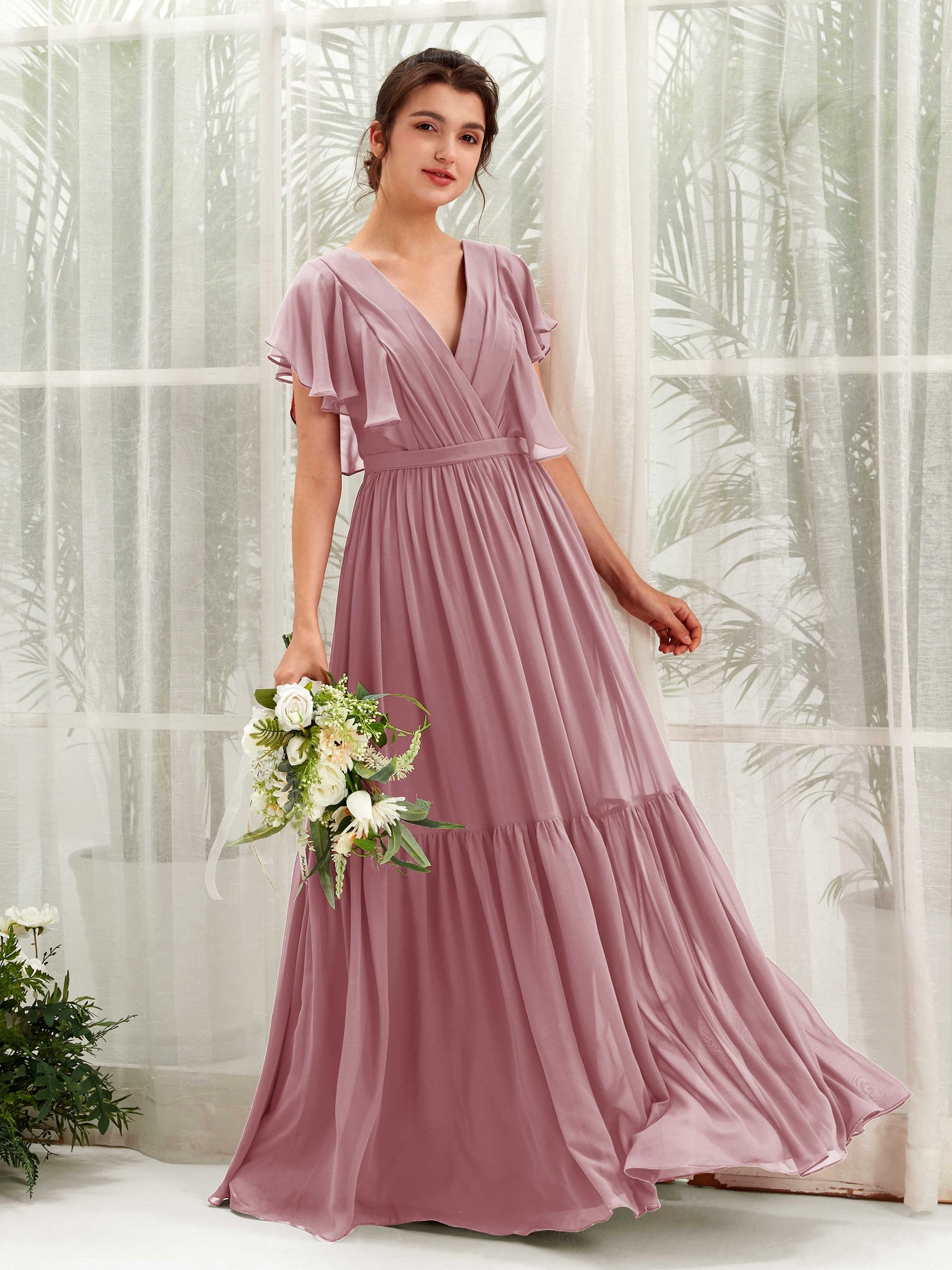 Carlyna A-Linien-Kleid mit V-Ausschnitt Flatterärmel Bodenlang Brautjungfernkleider Klassisch Mauve #farbe_klassisch-mauve