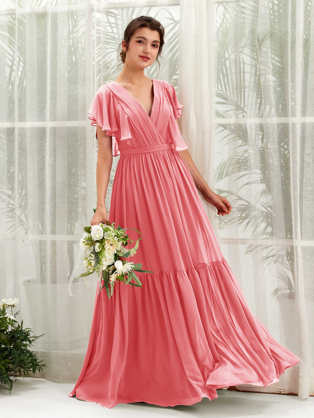Carlyna A-Linien-Kleid mit V-Ausschnitt Flatterärmel Bodenlang Brautjungfernkleider Korallenrosa 