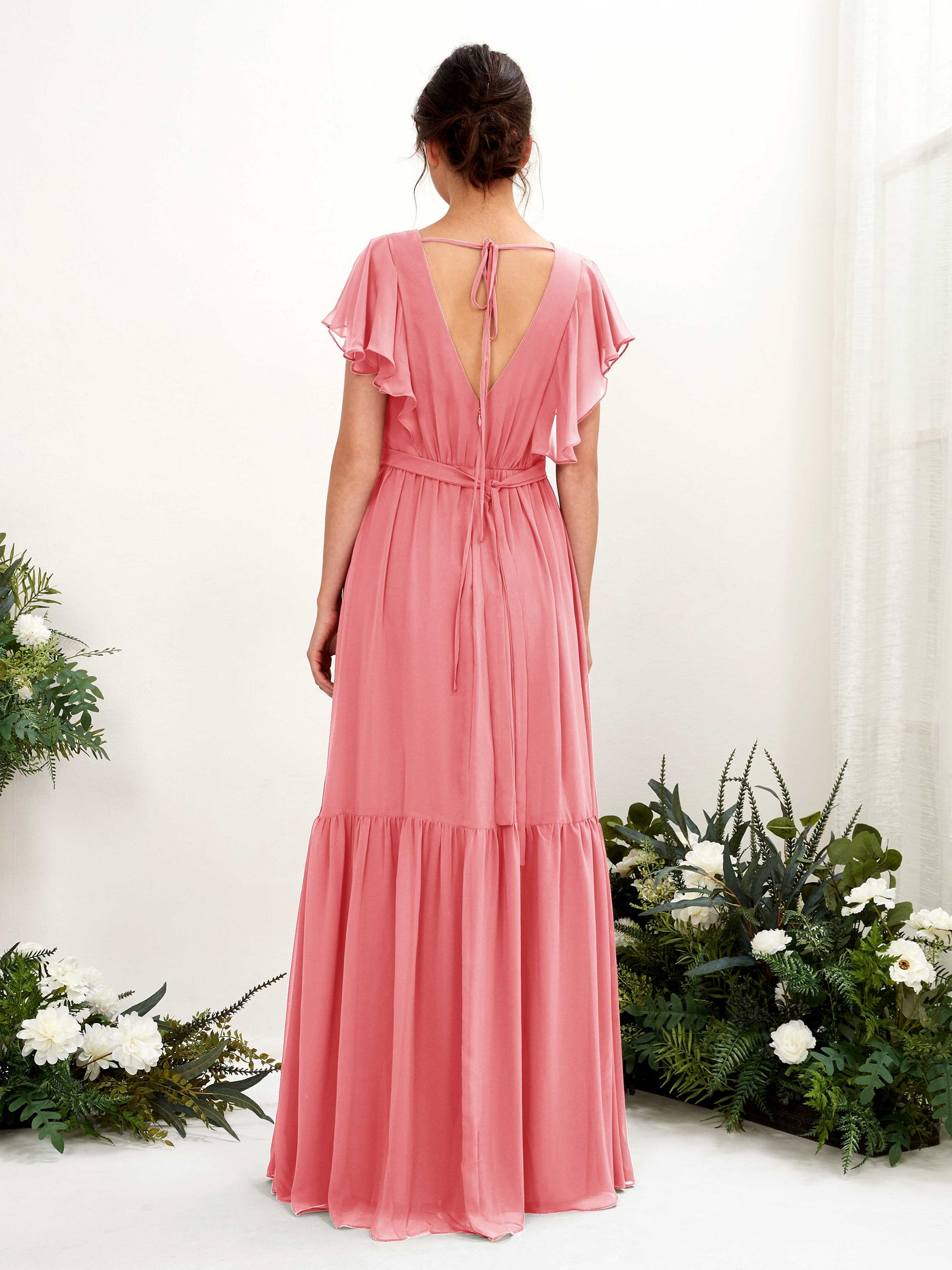 Carlyna A-Linien-Kleid mit V-Ausschnitt Flatterärmel Bodenlang Brautjungfernkleider Korallenrosa #farbe_korallenrosa