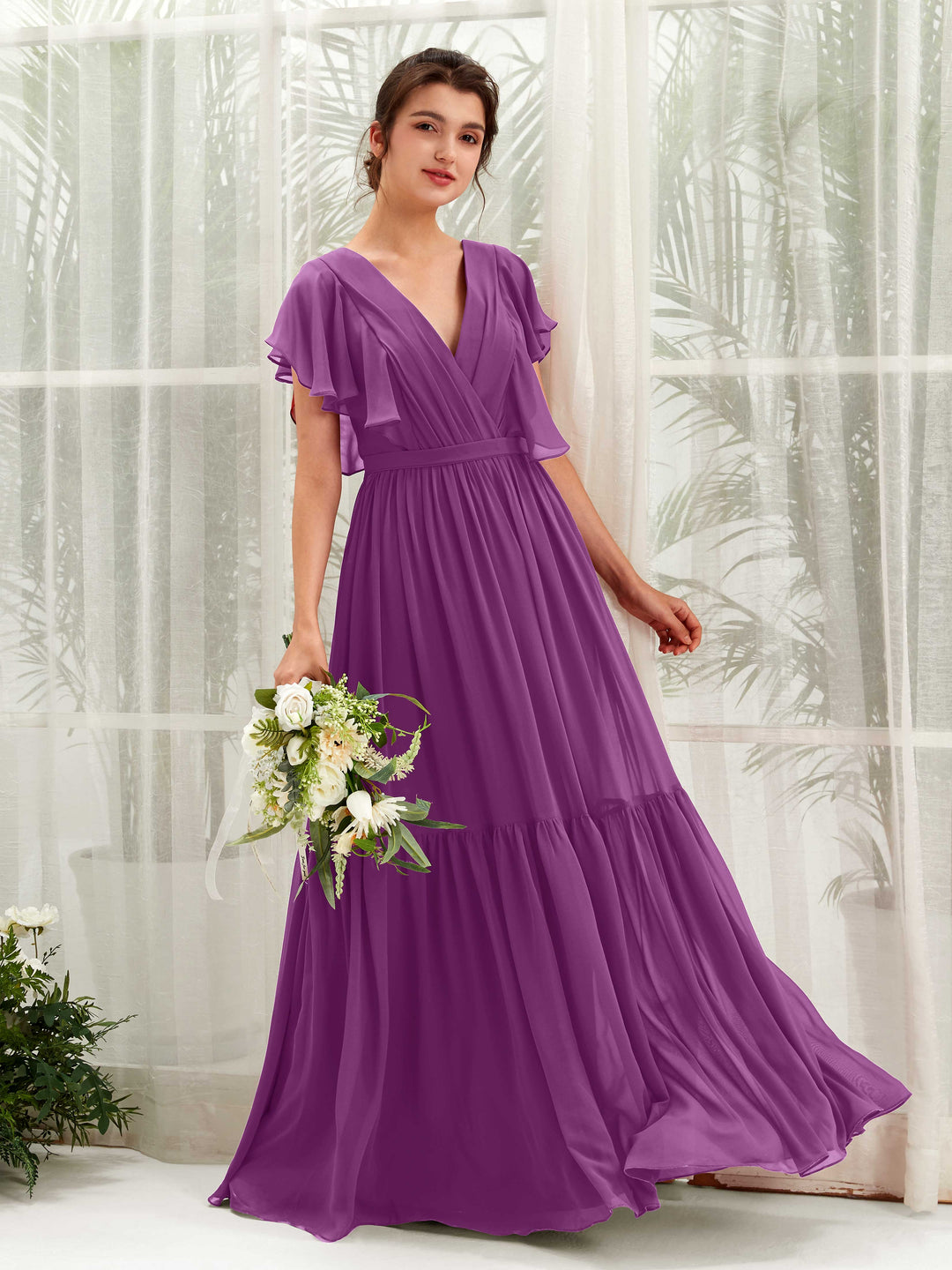 Carlyna A-Linien-Kleid mit V-Ausschnitt Flatterärmel Bodenlang Brautjungfernkleider Lila 