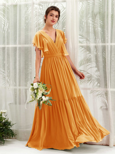 Carlyna A-Linien-Kleid mit V-Ausschnitt Flatterärmel Bodenlang Brautjungfernkleider Mango #farbe_mango