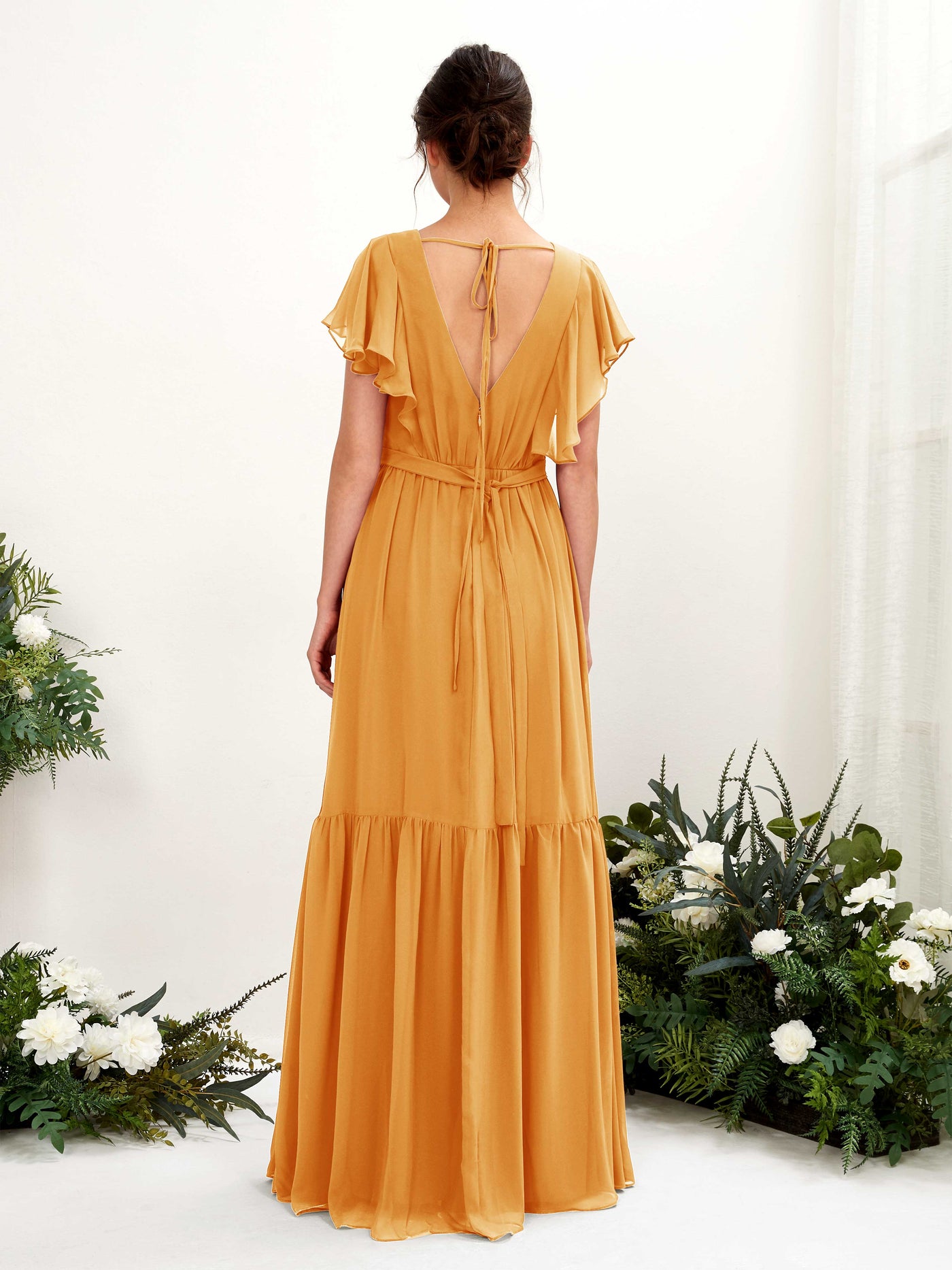 Carlyna A-Linien-Kleid mit V-Ausschnitt Flatterärmel Bodenlang Brautjungfernkleider Mango #farbe_mango