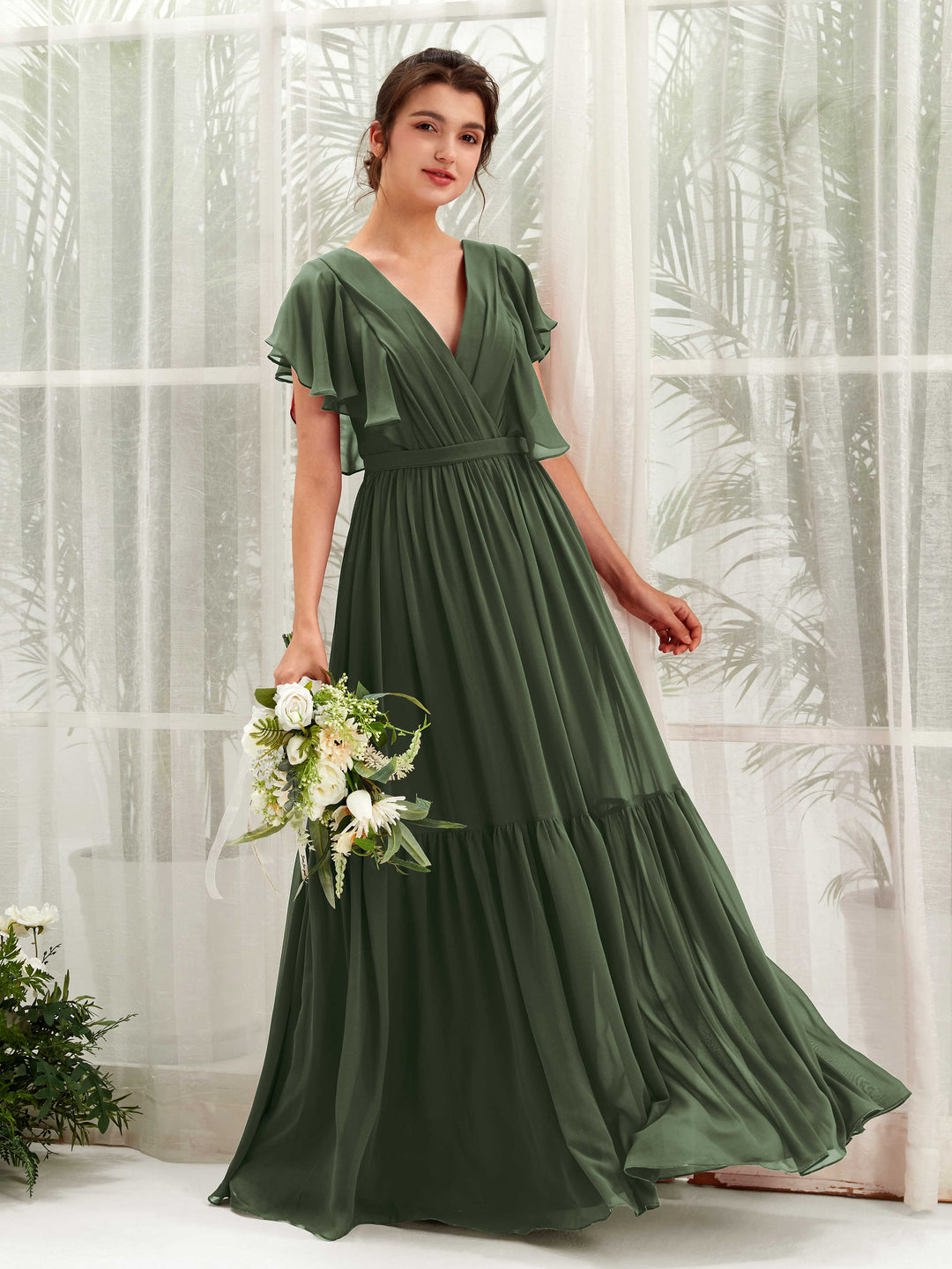 Carlyna A-Linien-Kleid mit V-Ausschnitt Flatterärmel Bodenlang Brautjungfernkleider Martini-Olive 