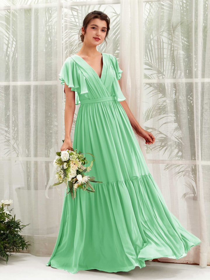Carlyna A-Linien-Kleid mit V-Ausschnitt Flatterärmel Bodenlang Brautjungfernkleider Minzgrün 