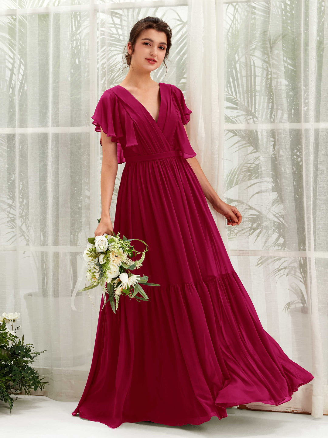 Carlyna A-Linien-Kleid mit V-Ausschnitt Flatterärmel Bodenlang Brautjungfernkleider Narrenrot 
