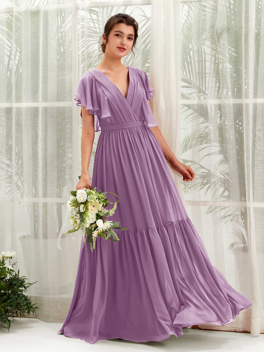 Carlyna A-Linien-Kleid mit V-Ausschnitt Flatterärmel Bodenlang Brautjungfernkleider Orchideen-Nebel 
