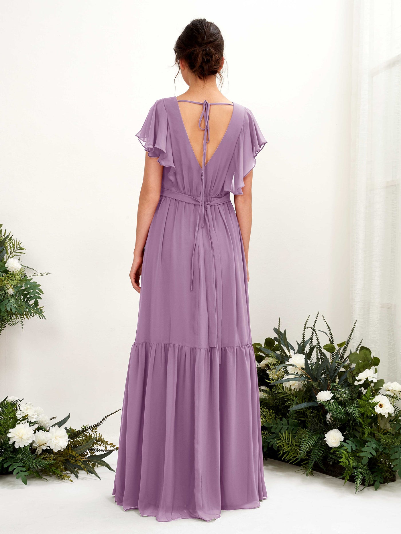 Carlyna A-Linien-Kleid mit V-Ausschnitt Flatterärmel Bodenlang Brautjungfernkleider Orchideen-Nebel #farbe_orchideen-nebel