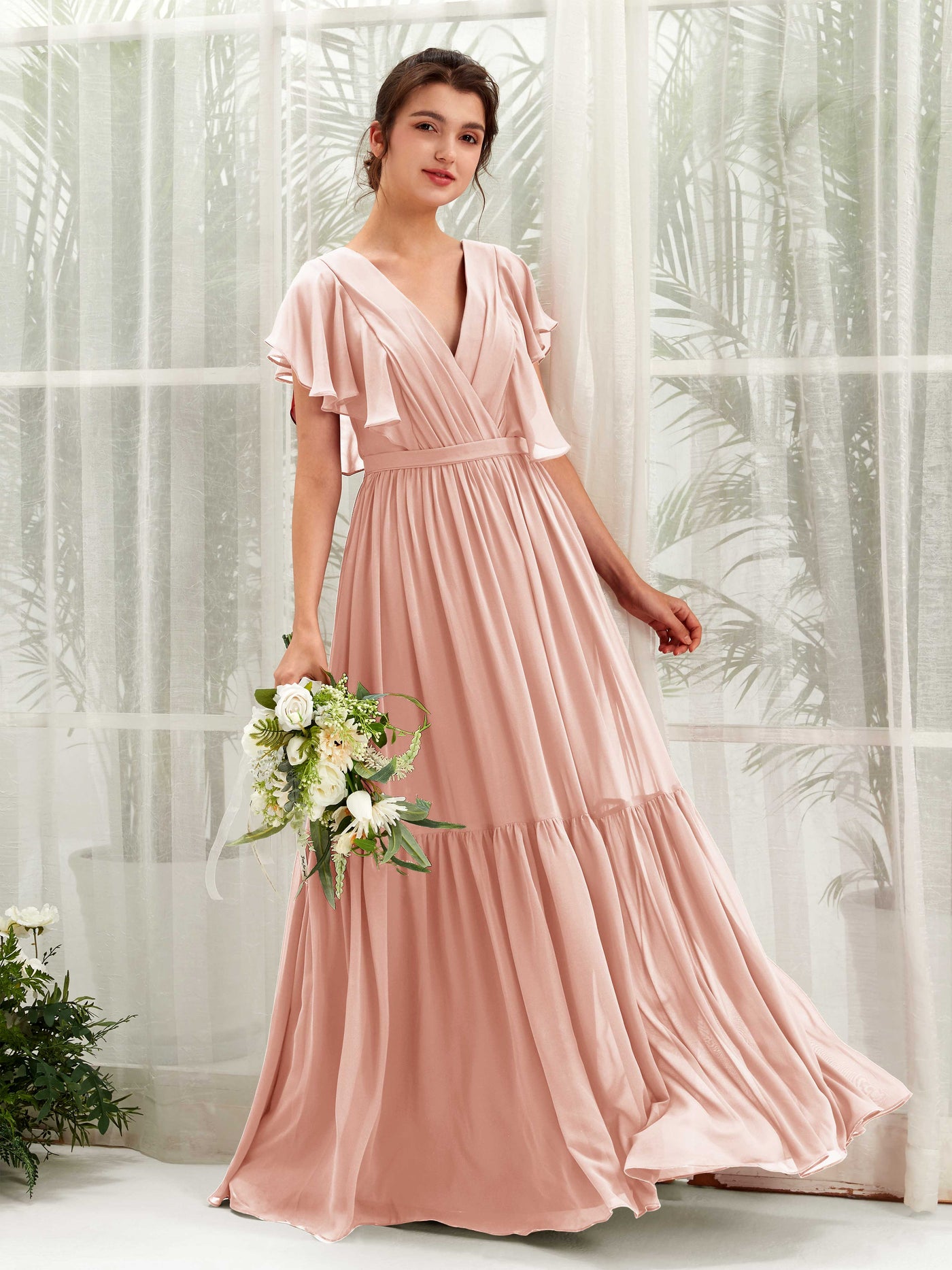 Carlyna A-Linien-Kleid mit V-Ausschnitt Flatterärmel Bodenlang Brautjungfernkleider Perlrosa #farbe_perlrosa
