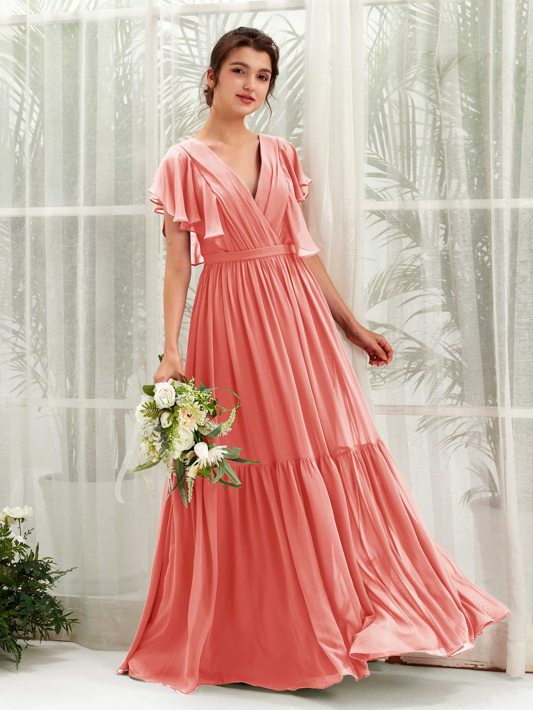 Carlyna A-Linien-Kleid mit V-Ausschnitt Flatterärmel Bodenlang Brautjungfernkleider Pfirsichrosa 