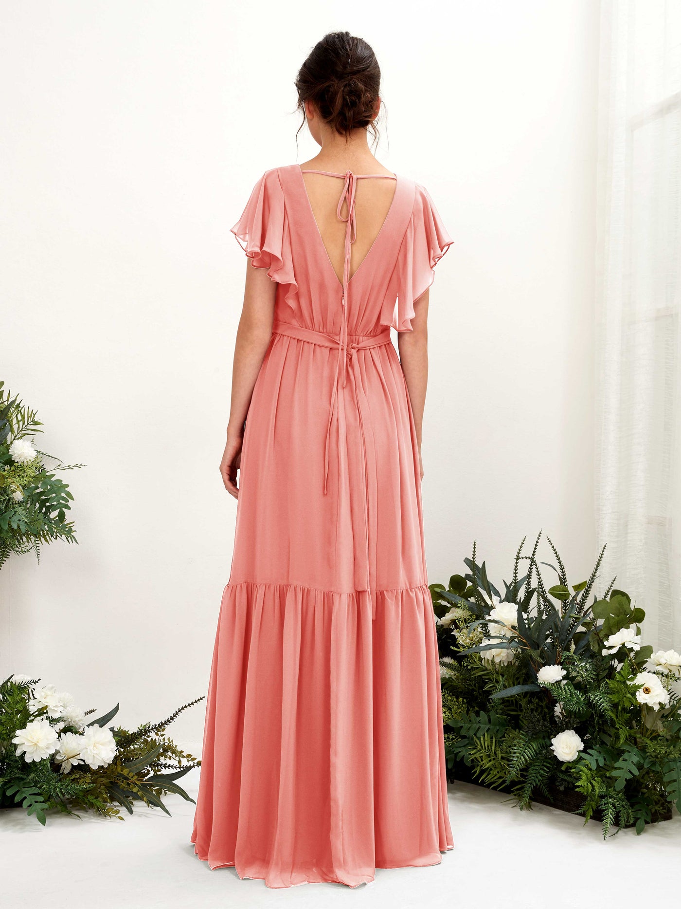 Carlyna A-Linien-Kleid mit V-Ausschnitt Flatterärmel Bodenlang Brautjungfernkleider Pfirsichrosa #farbe_pfirsichrosa