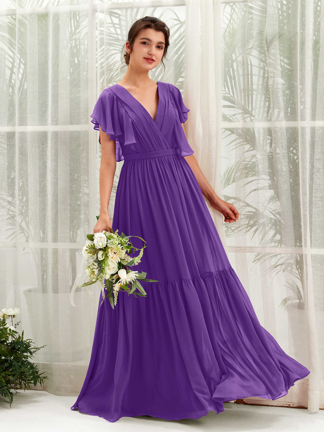 Carlyna A-Linien-Kleid mit V-Ausschnitt Flatterärmel Bodenlang Brautjungfernkleider Regency 