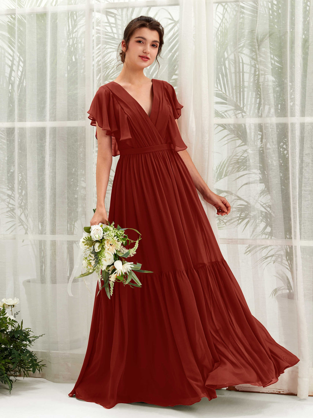 Carlyna A-Linien-Kleid mit V-Ausschnitt Flatterärmel Bodenlang Brautjungfernkleider Rostrot 