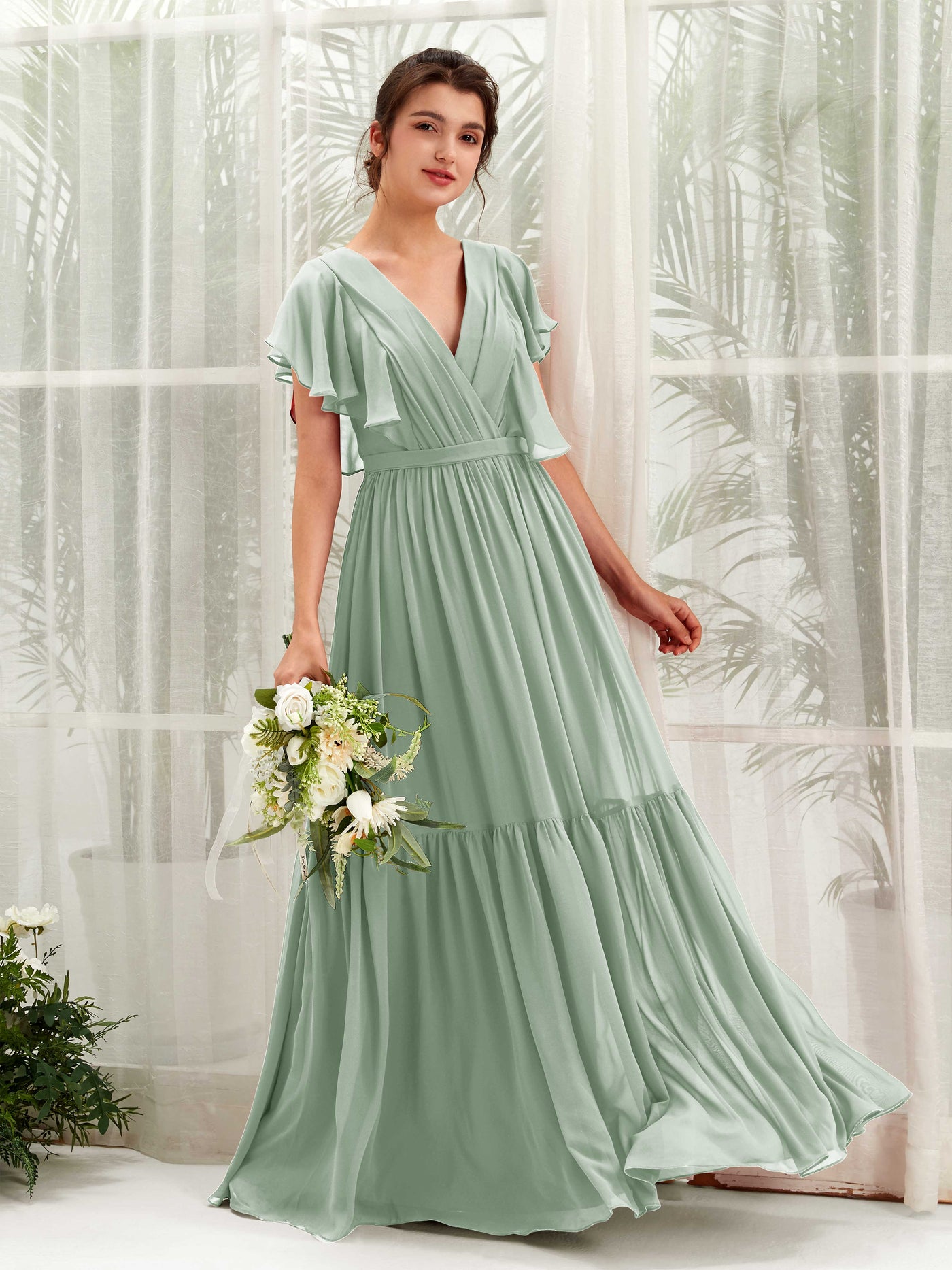 Carlyna A-Linien-Kleid mit V-Ausschnitt Flatterärmel Bodenlang Brautjungfernkleider Salbeigrün #farbe_salbeigr-n
