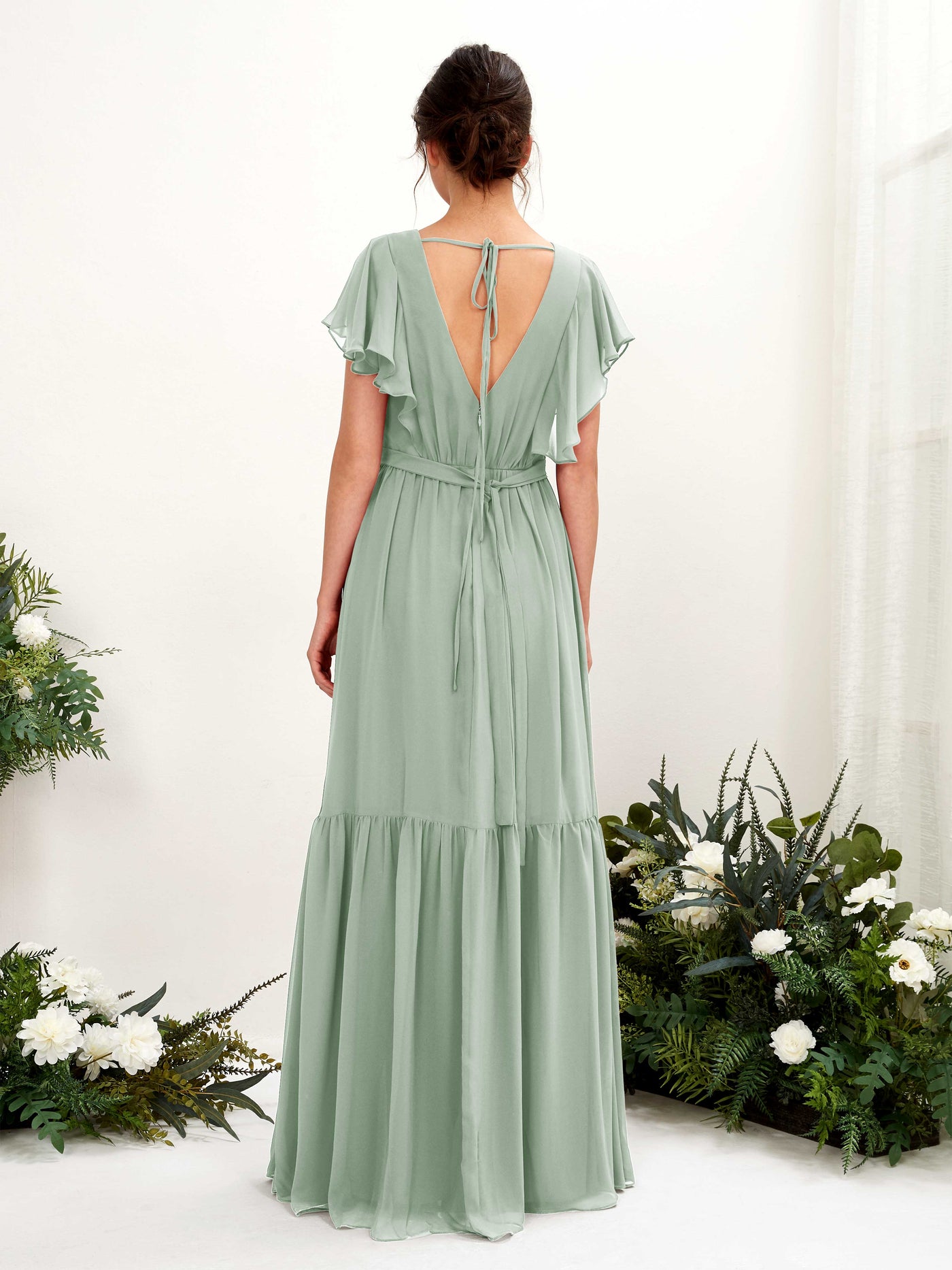 Carlyna A-Linien-Kleid mit V-Ausschnitt Flatterärmel Bodenlang Brautjungfernkleider Salbeigrün #farbe_salbeigr-n