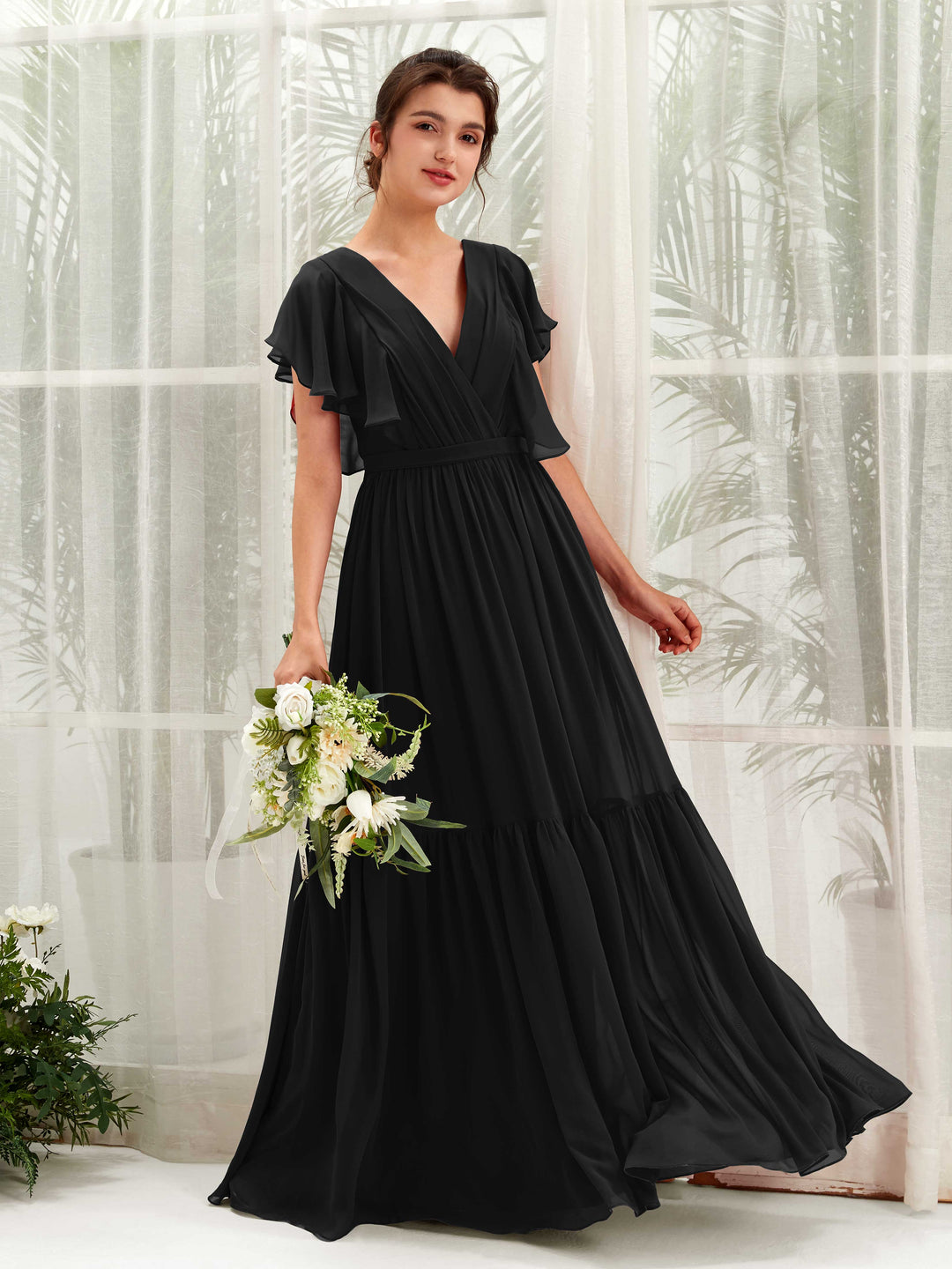 Carlyna A-Linien-Kleid mit V-Ausschnitt Flatterärmel Bodenlang Brautjungfernkleider Schwarz 
