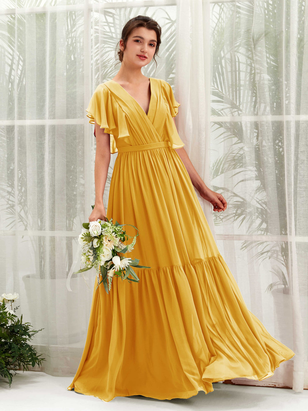 Carlyna A-Linien-Kleid mit V-Ausschnitt Flatterärmel Bodenlang Brautjungfernkleider Senfgelb 