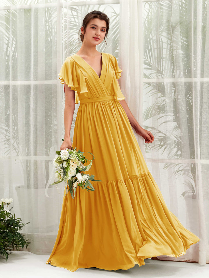 Carlyna A-Linien-Kleid mit V-Ausschnitt Flatterärmel Bodenlang Brautjungfernkleider Senfgelb 