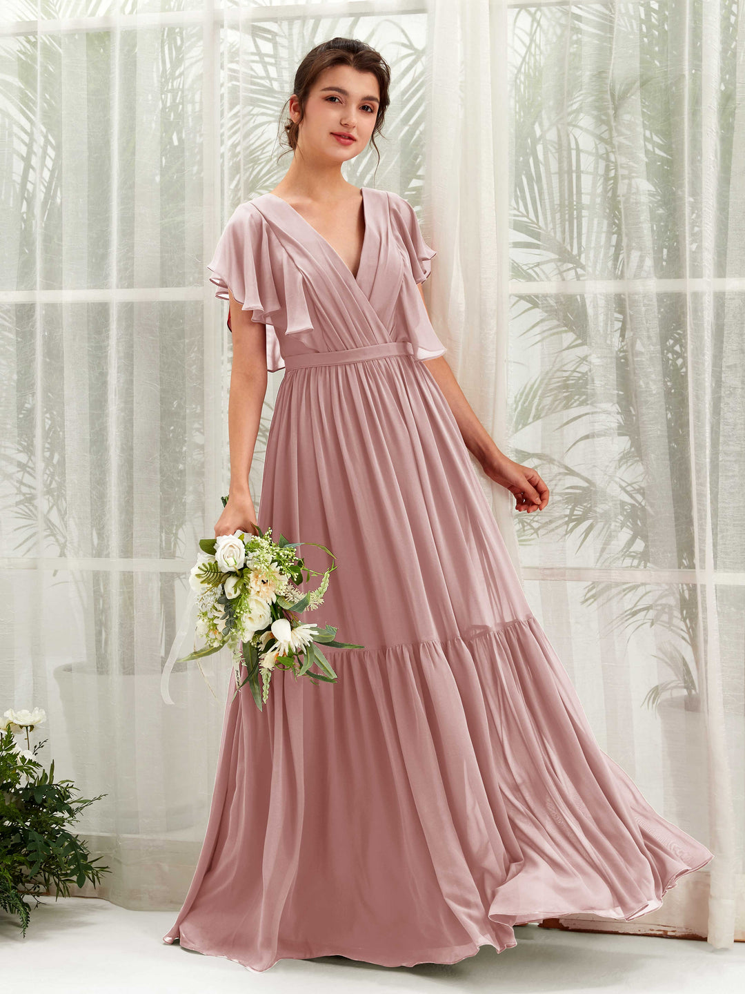 Carlyna A-Linien-Kleid mit V-Ausschnitt Flatterärmel Bodenlang Brautjungfernkleider Staubige Rose 