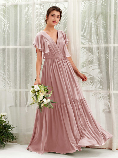 Carlyna A-Linien-Kleid mit V-Ausschnitt Flatterärmel Bodenlang Brautjungfernkleider Staubige Rose #farbe_staubige-rose