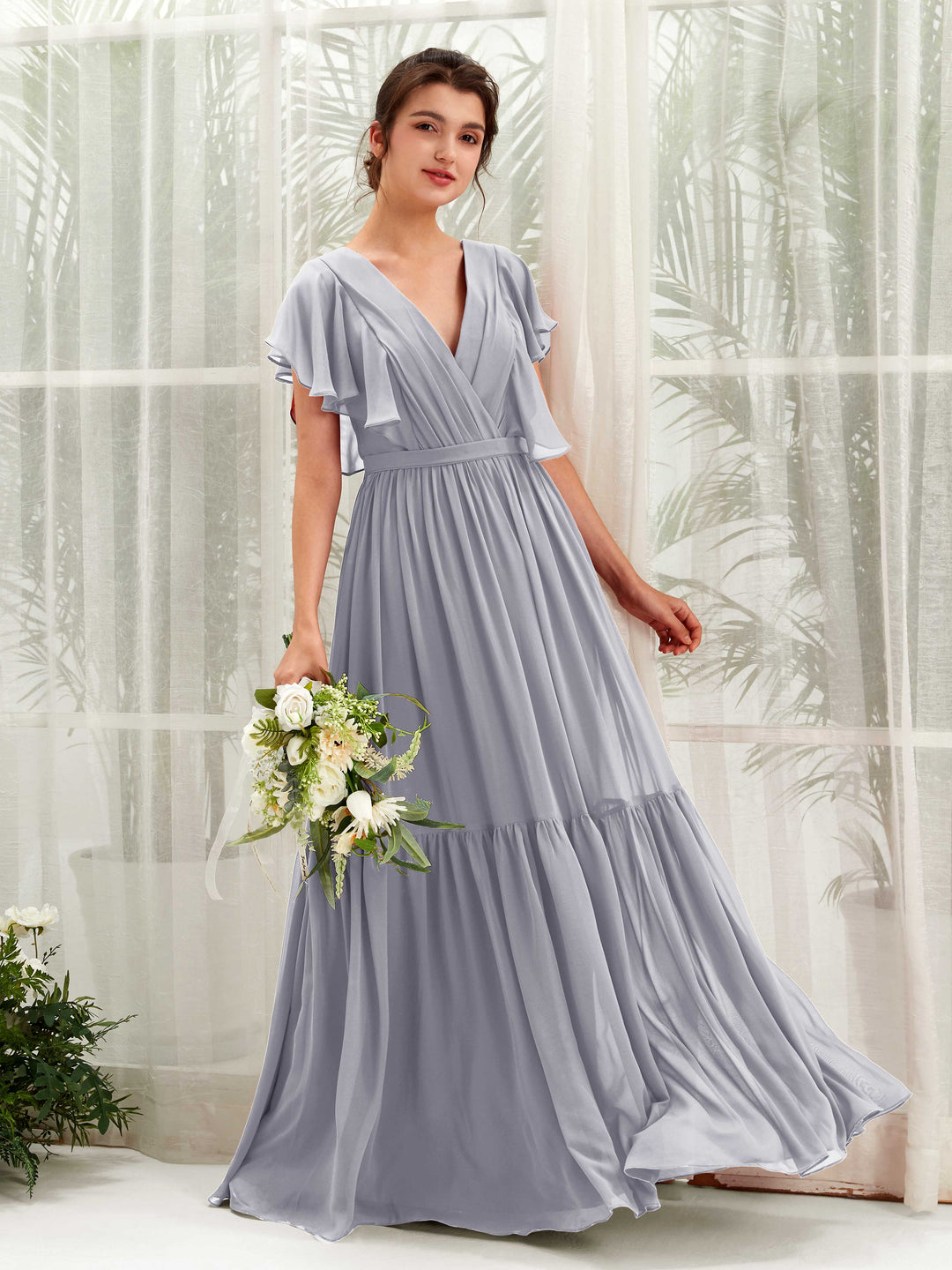 Carlyna A-Linien-Kleid mit V-Ausschnitt Flatterärmel Bodenlang Brautjungfernkleider Staubiger Lavendel 