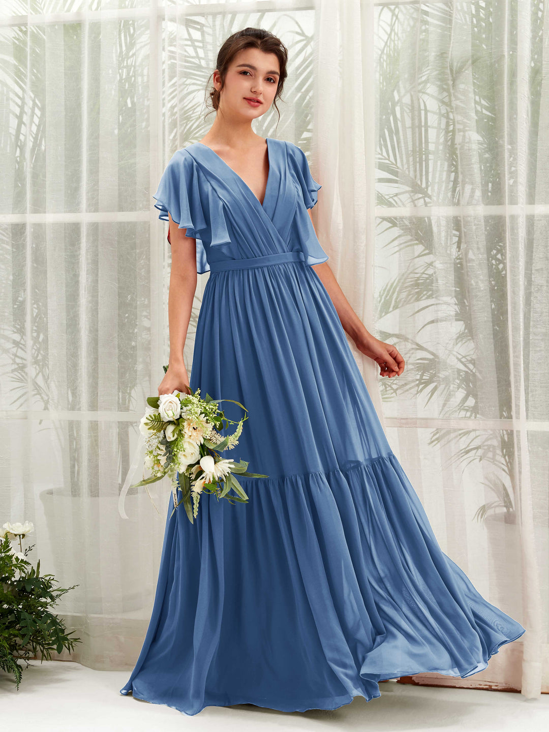 Carlyna A-Linien-Kleid mit V-Ausschnitt Flatterärmel Bodenlang Brautjungfernkleider Staubiges Blau 