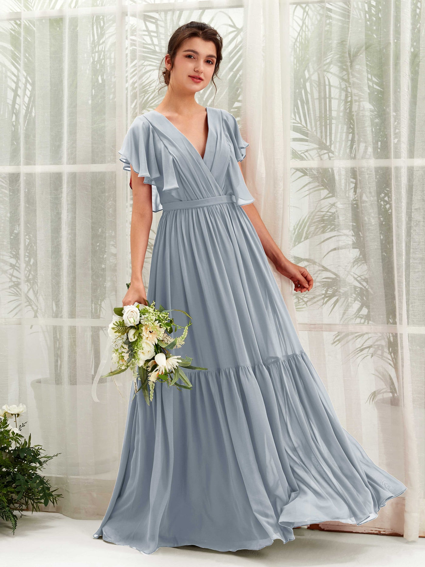 Carlyna A-Linien-Kleid mit V-Ausschnitt Flatterärmel Bodenlang Brautjungfernkleider Staubiges Blau-Upgrade #farbe_staubiges-blau-upgrade