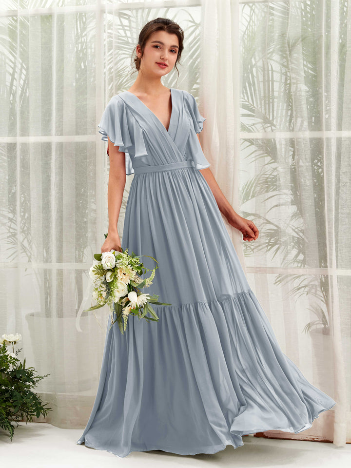 Carlyna A-Linien-Kleid mit V-Ausschnitt Flatterärmel Bodenlang Brautjungfernkleider Staubiges Blau-Upgrade 