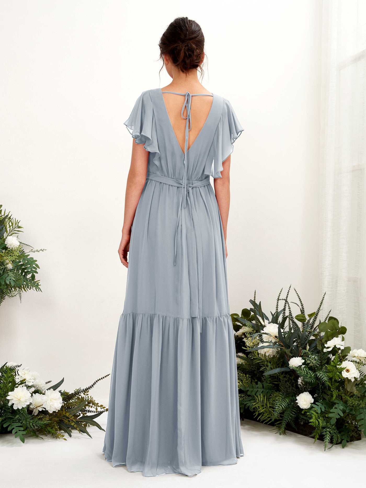 Carlyna A-Linien-Kleid mit V-Ausschnitt Flatterärmel Bodenlang Brautjungfernkleider Staubiges Blau-Upgrade #farbe_staubiges-blau-upgrade