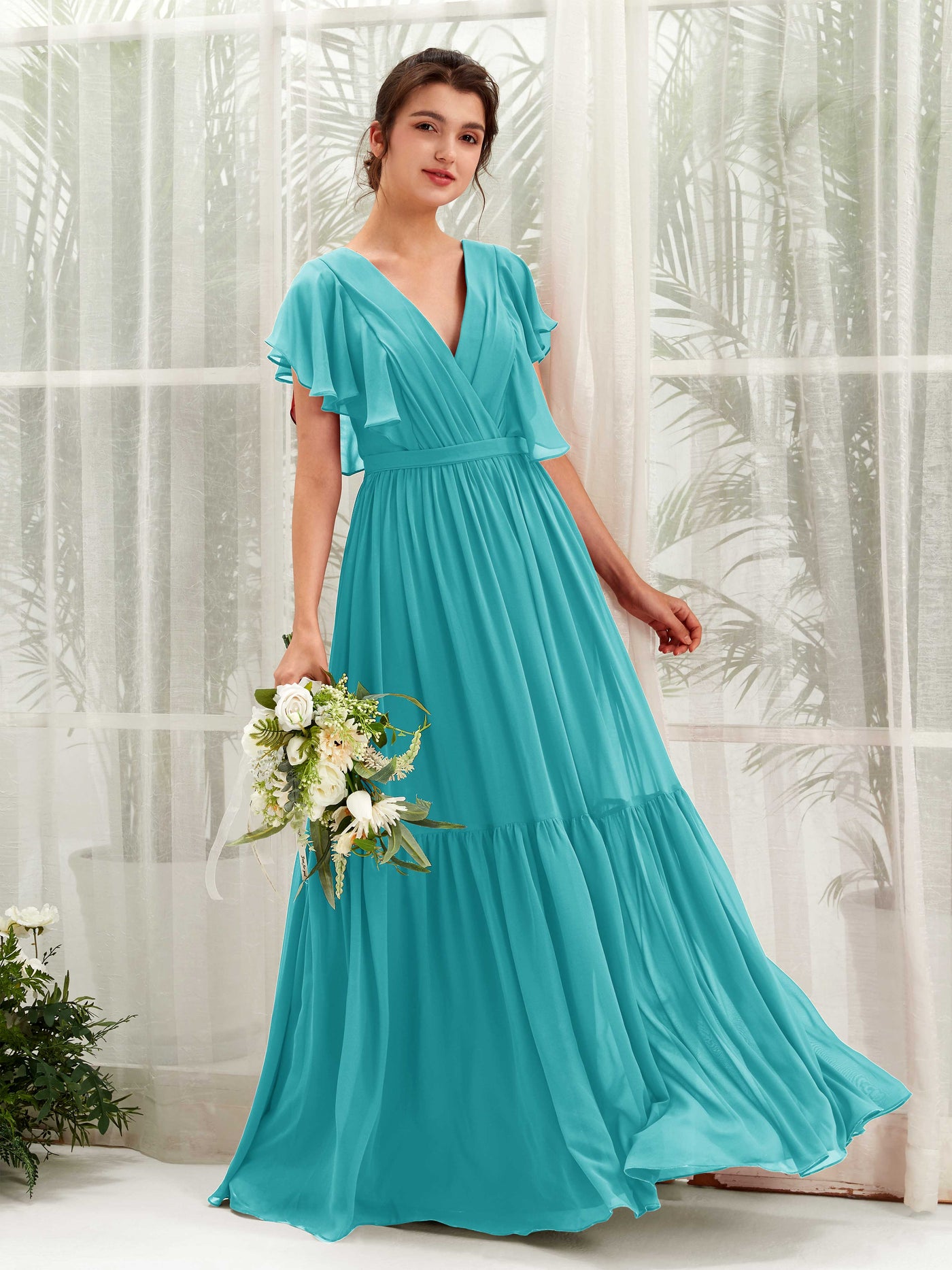 Carlyna A-Linien-Kleid mit V-Ausschnitt Flatterärmel Bodenlang Brautjungfernkleider Türkis #farbe_t-rkis