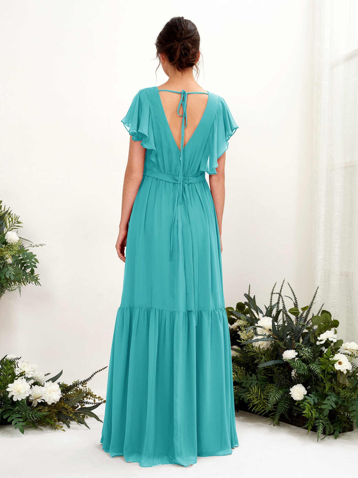 Carlyna A-Linien-Kleid mit V-Ausschnitt Flatterärmel Bodenlang Brautjungfernkleider Türkis #farbe_t-rkis
