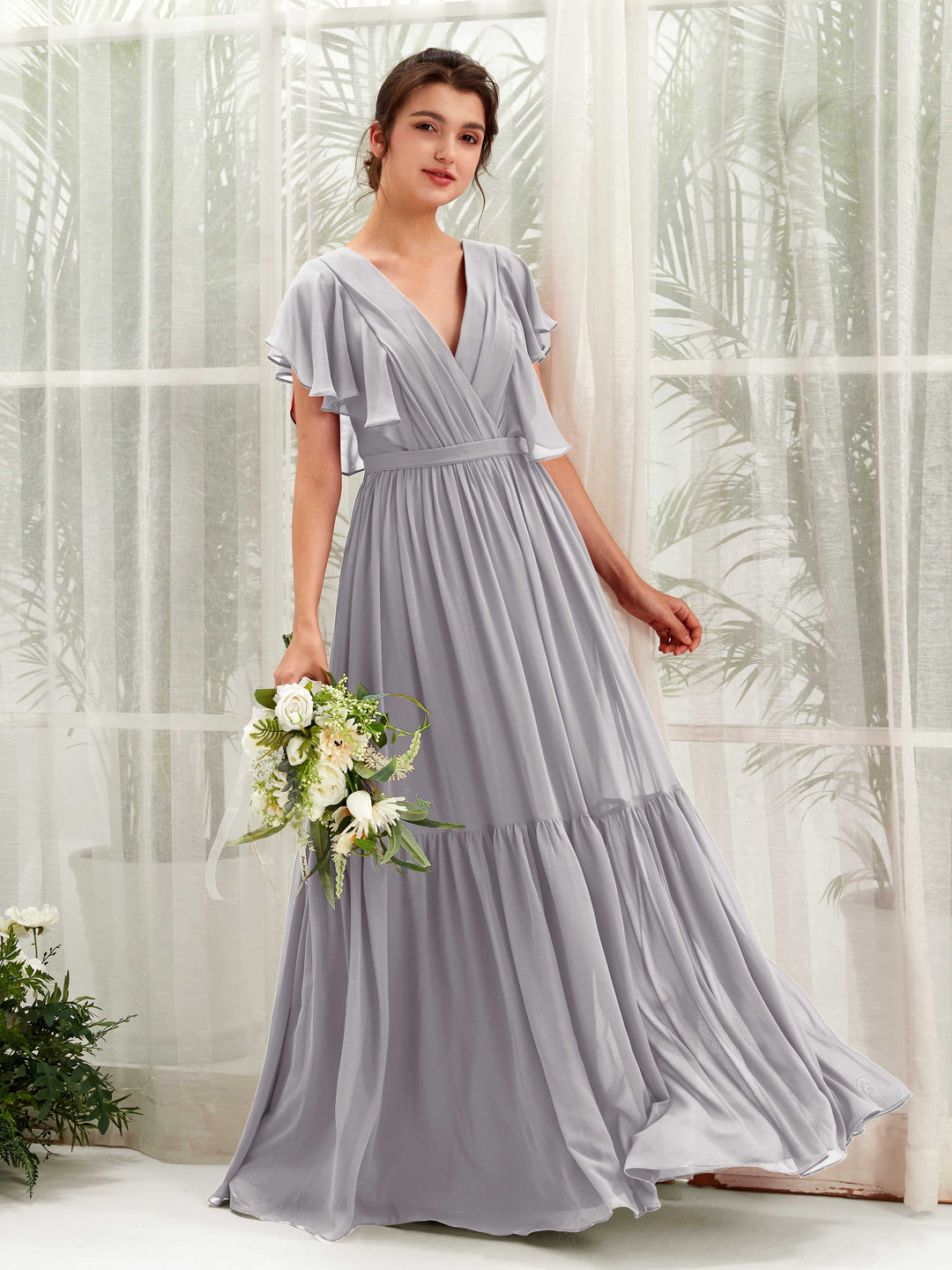 Carlyna A-Linien-Kleid mit V-Ausschnitt Flatterärmel Bodenlang Brautjungfernkleider Taube 